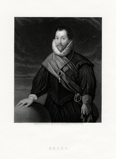 Sir Francis Drake, anglický lupič, mořeplavec, námořní průkopník, politik, 19. století od W. Holl