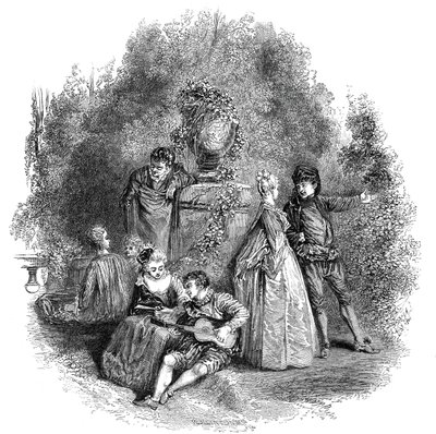 Scéna z Watteau v roce 1644, 1844. od W. J. Linton