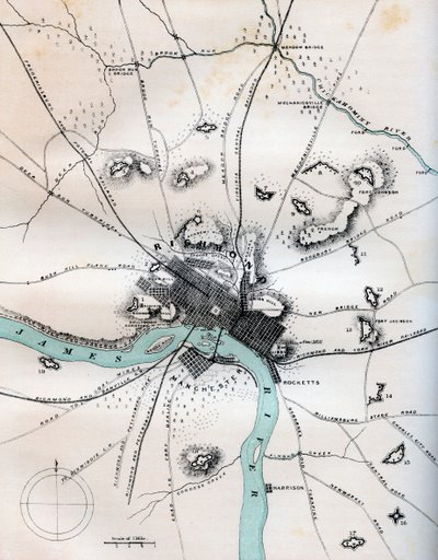 Mapa Richmondu a jeho okolí zobrazující všechny baterie, 1862-1867. od W Kemble