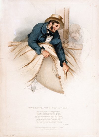 Zavřete horní plachty. Barevná litografie z 19. století od W. Kohlera (). od W. Kohler