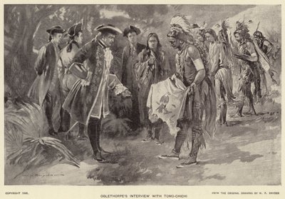 Oglethorpeův rozhovor s Tomo-chichi (litho) od W. P. Snyder