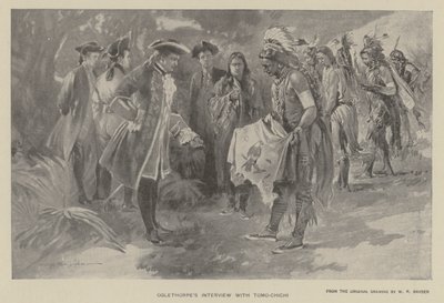 Oglethorpeův rozhovor s Tomochichi (litho) od W. P. Snyder