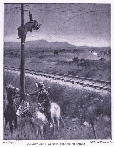 Přistižen při řezání drátů, ilustrace z Po Pretorii: Guerilla War, 1902 od Wal Paget