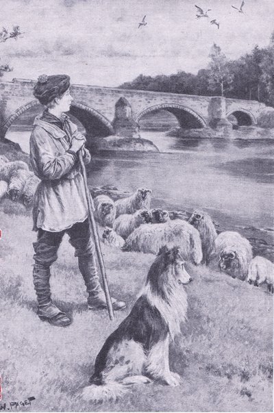 Pohled na starý římský most v Musselburghu podněcuje představivost pastýře Johna Rennieho, z My Magazine, pub. 1922 (litho) od Wal Paget