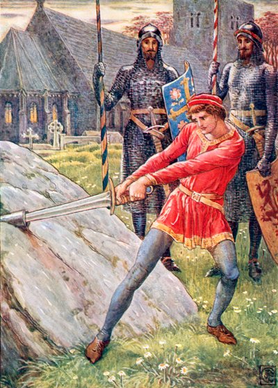 Artuš vytahuje meč z kamene (barevná litografie) od Walter (after) Crane