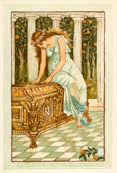 Pandora touží otevřít skříňku (barevná litografie) od Walter (after) Crane