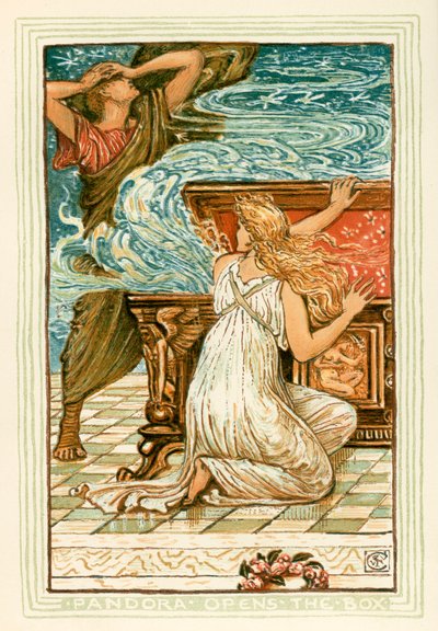 Pandora otevírá skříňku (barevná litografie) od Walter (after) Crane