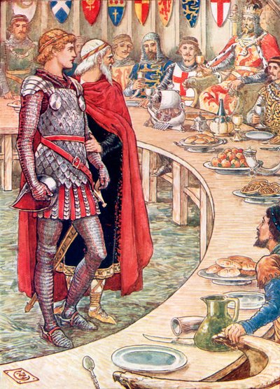 Sir Galahad je přiveden na dvůr krále Artuše (barevná litografie) od Walter (after) Crane