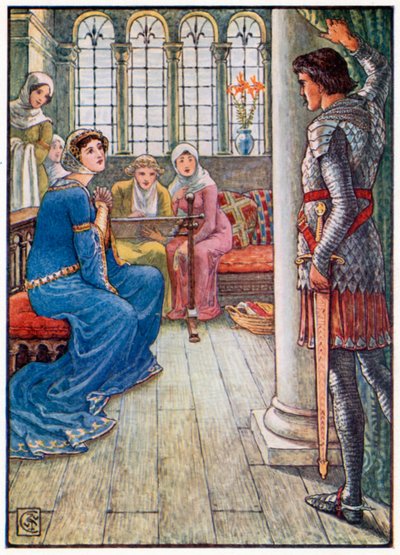 Sir Owen zdraví dámu z fontány (barevná litografie) od Walter (after) Crane