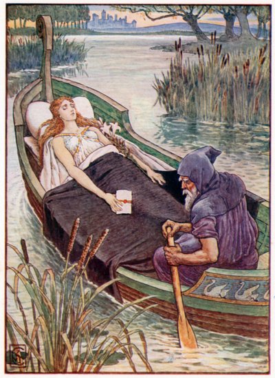 Cesta lilie z Astolatu na smrt (barevná litografie) od Walter (after) Crane