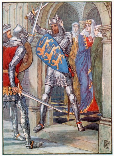 Boj v královnině předpokoji (barevná litografie) od Walter (after) Crane