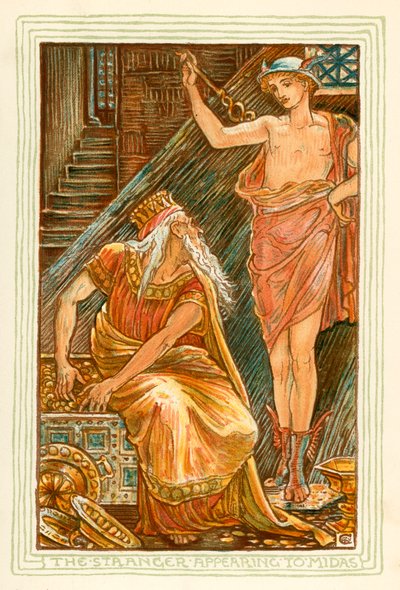Cizinec se zjevuje Midasovi (barevná litografie) od Walter (after) Crane