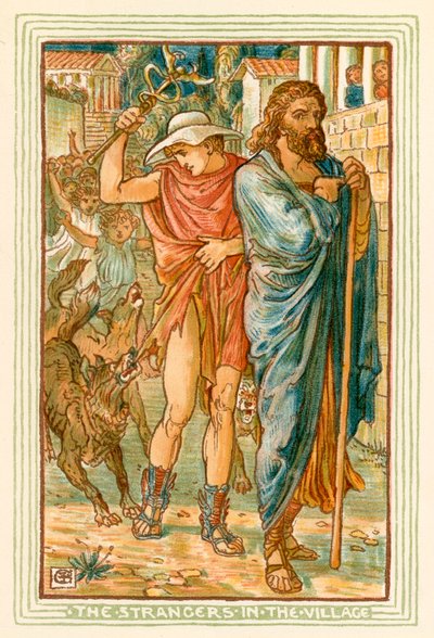 Cizinci ve vesnici (barevná litografie) od Walter (after) Crane