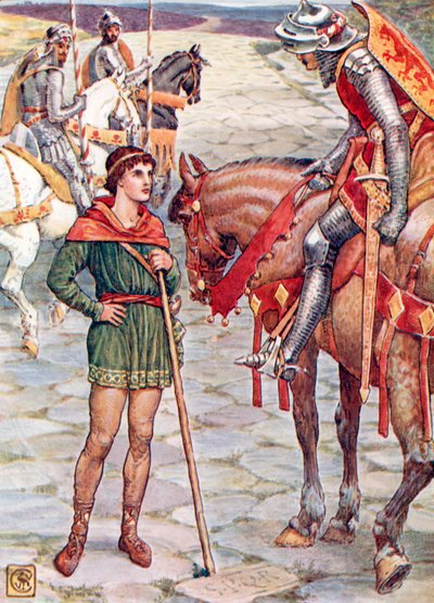 Mladý Perceval se ptá sira Owena (barevná litografie) od Walter (after) Crane