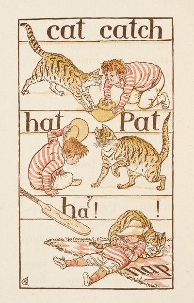 Chlapec si hraje s kočkou. Ilustrace v 