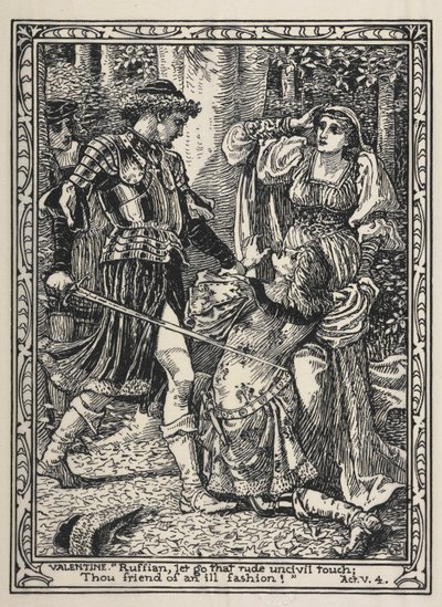 Scéna z filmu „Dva gentlemani z Verony“. Když Silvia vykřikne, Valentine vztekle vyskočí z křoví a prokleje Protea za jeho zradu od Walter Crane