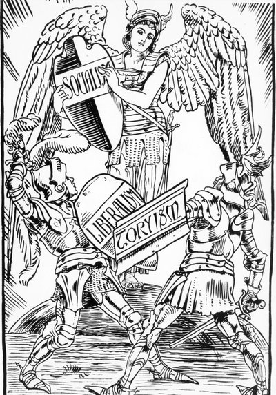 Alegorie Waltera Cranea: Socialismus tvrdě vítězí v boji mezi liberalismem a Torysmem (Anglická konzervativní strana). Rytina z konce 19. století. od Walter Crane