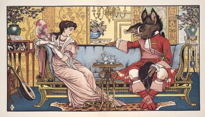 Kráska a zvíře, hospoda. 1874 (barevné lito) od Walter Crane