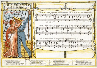 "Black-Eyed Susan", ilustrace písně z knihy "Pan-Pipes", A Book of Old Songs, Newly Arranged and with Accompaniments by Theo. Marzials, vydáno v Londýně nakladatelstvím George Routledge und Sons, 1884 (barevná lit.). od Walter Crane