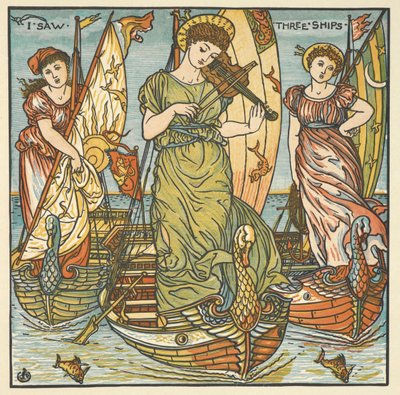Barevná ilustrace pro „Viděl jsem tři lodě“. Tři ženy, jedna hraje na housle, stojící na lodích. od Walter Crane
