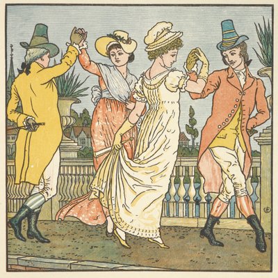 Barevná ilustrace pro „na mostě v Avignonu“. Dva tančící páry. od Walter Crane