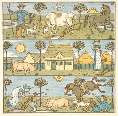 Barevná ilustrace pro „malou katastrofu“. Farmář, dojička a různá hospodářská zvířata. od Walter Crane