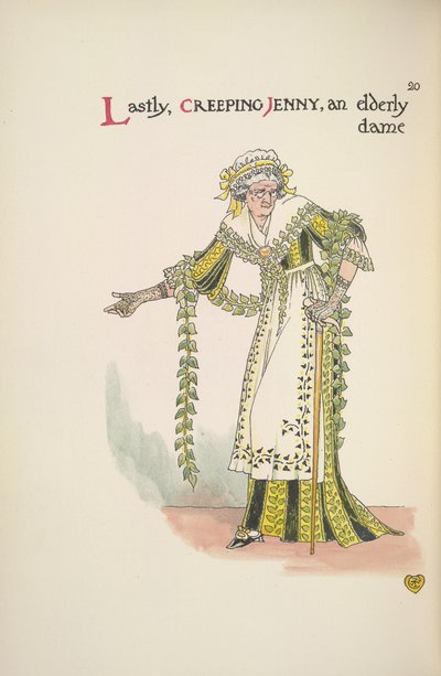 Plíživá Jenny. Starší dáma pomocí vycházkové hole od Walter Crane