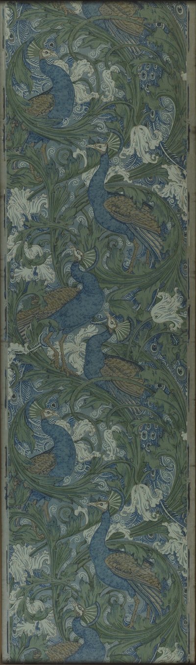 Řezaný panel tapety s fíky a pávem, cca 1895 (blokově tištěný papír) od Walter Crane