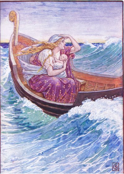 Dva dny a dvě noci se loď házela sem a tam, ilustrace z Příběhu Řecka, 30. léta od Walter Crane