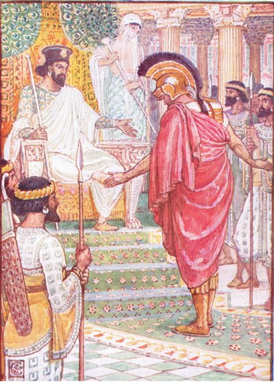 Stál mlčky před králem, ilustrace z „Příběhu Řecka“ od Walter Crane