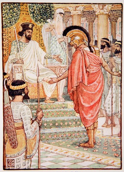 Stál mlčky před králem, ilustrace z „Příběhu Řecka“ od Mary Macgregorové, 1. vydání, 1913 (barevný tisk) od Walter Crane