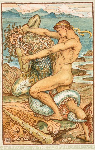 Herkules a starý muž z moře, ilustrace z „Knihy zázraků pro dívky a chlapce“ od Nathaniela Hawthorna, 1852 od Walter Crane
