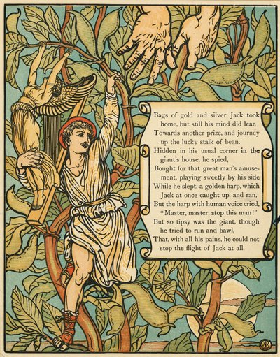 Jack sestupuje po Beanstalku z Jack and the Beanstalk pub. 1875 barevná litografie, 1875. od Walter Crane