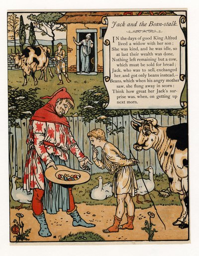 Jack prodává svou krávu za fazole z hospody The Blue Beard Picture Book. 1879 (barevné lito) od Walter Crane