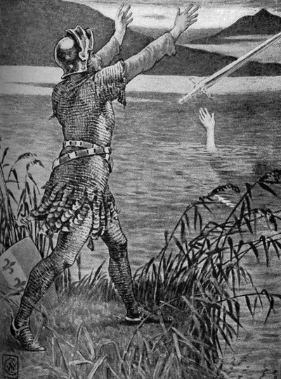 Král Artuš- Sir Bedivere hází Excalibur. od Walter Crane