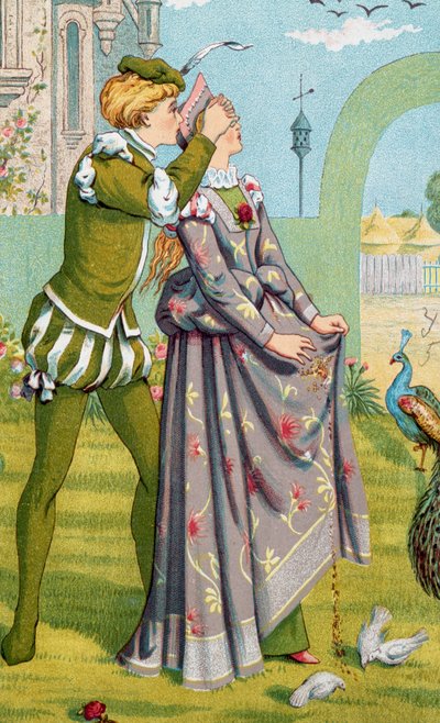 "Romantické překvapení" Mladý chlapec zakryje oči mladé dívce. Ilustrace Waltera Cranea (1845-1915) a Kate Greenawayové (1846-1901) od Walter Crane