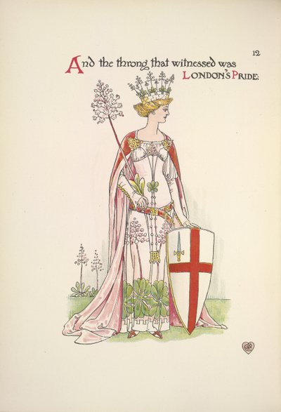 Londýnská hrdost. Mladá žena držící štít s křížem svatého Jiří od Walter Crane