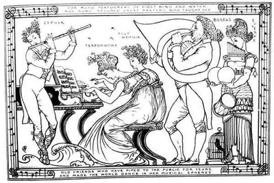„Staří přátelé, kteří léta dýmali veřejnosti a přiměli svět tančit v jejích hudebních sférách“ (litho) (č/b foto) od Walter Crane