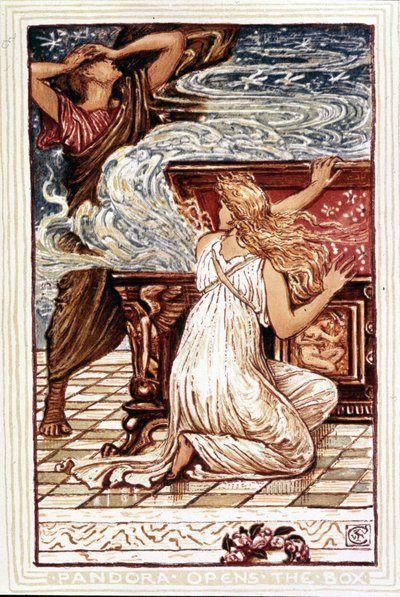 Pandora otevírá krabici. Ilustrace Waltera Cranea pro „Zázračnou knihu pro dívky a chlapce“, Londýn 1893. od Walter Crane