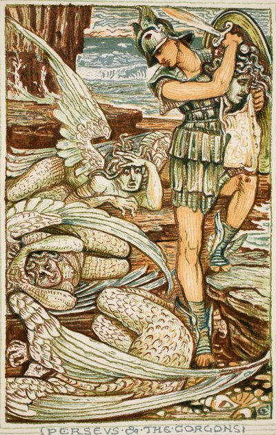 Perseus a Gorgony, ilustrace z knihy „Zázračná kniha pro dívky a chlapce“ od Nathaniela Hawthorna od Walter Crane