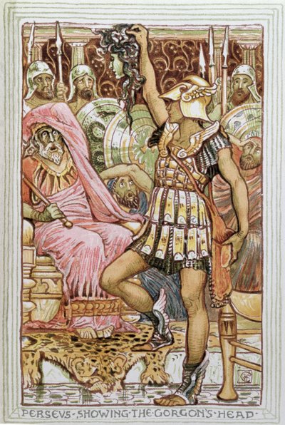 Perseus ukazuje Gorgonovu hlavu, ilustrace k „The Greek Mythological Legend“, publikované v Londýně, 1910 od Walter Crane