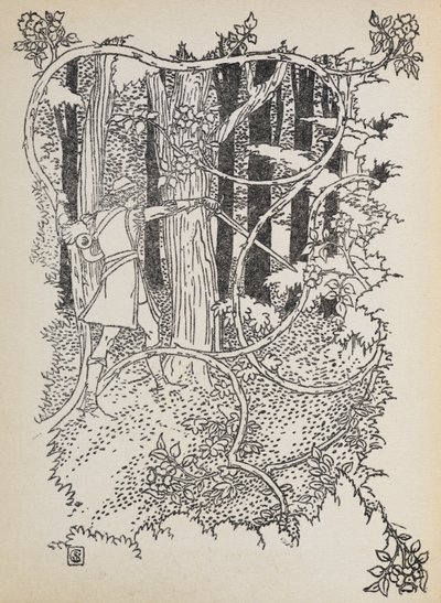 Princ Charming si prosekává cestu zarostlým lesem k Šípkové Růžence. od Walter Crane