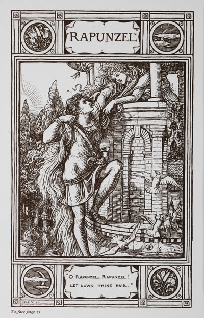 Rapunzel se vyklání z okna věže, zatímco princ šplhá po jejích vlasech. od Walter Crane