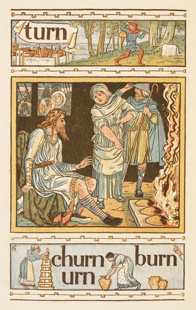 Rýmující slova končící na písmeno N. Ilustrace, zobrazující možná král Alfred a hořící koláče. Zlatý základ. od Walter Crane