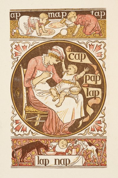 Rýmovaná slova končící na písmeno P. Ilustrace zobrazující ženu krmící dítě. Zlatý základ. od Walter Crane