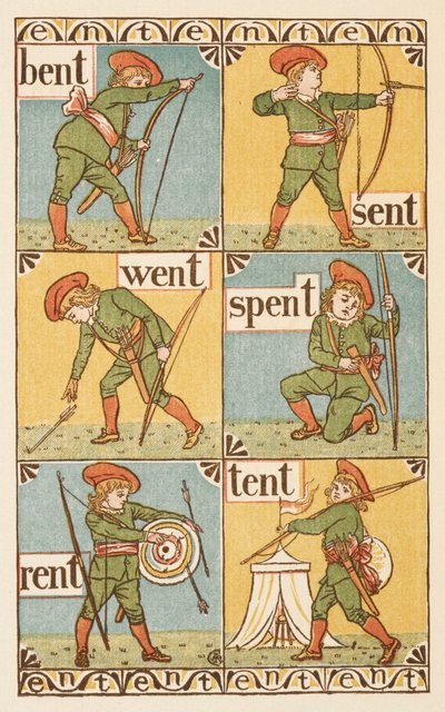 Rýmovaná slova končící na písmeno T. Chlapec s lukem a šípem. Zlatý základ. od Walter Crane