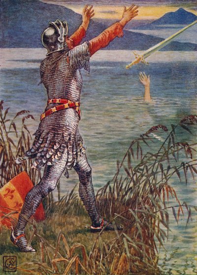 Sir Bedivere vrhá meč Excalibur do jezera, 1911. od Walter Crane