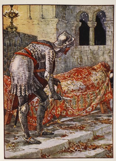 Sir Lancelot v kapli Nebezpečný, z „Příběhů rytířů kulatého stolu“ od Henryho Gilberta, první vydání, 1911 od Walter Crane