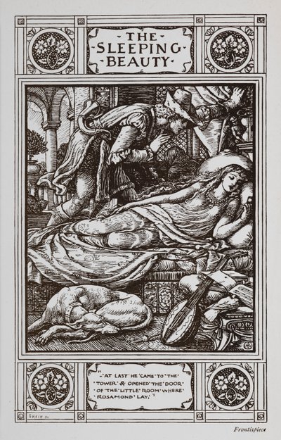 Šípková Růženka spí obklopená spícím psem a hudebním nástrojem, zatímco na ni dohlíží princ Charming. od Walter Crane