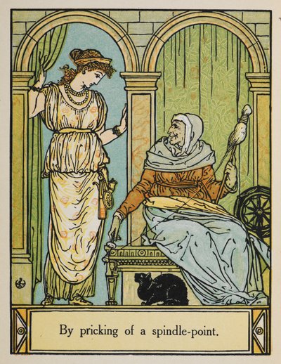 Šípková Růženka stojí vedle staré ženy s kolovratem a nití. Dole sedí černá kočka. od Walter Crane
